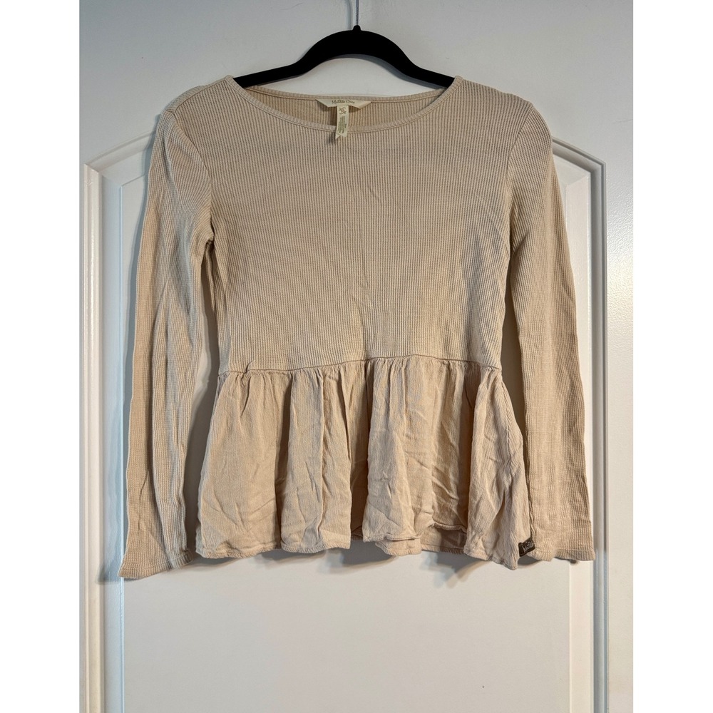 Matilda Jane Peplum Top XS Tan Waffle Knit Long Sleeve Boho Soft Girl Whimsical